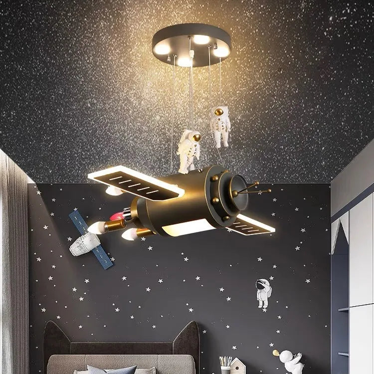 Lámpara colgante nórdica de nave espacial con dibujos animados para niños, ideal para dormitorio infantil, con una luz suave y no deslumbrante.