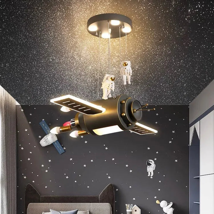 Lámpara colgante nórdica de nave espacial con dibujos animados para niños, ideal para dormitorio infantil, con una luz suave y no deslumbrante.