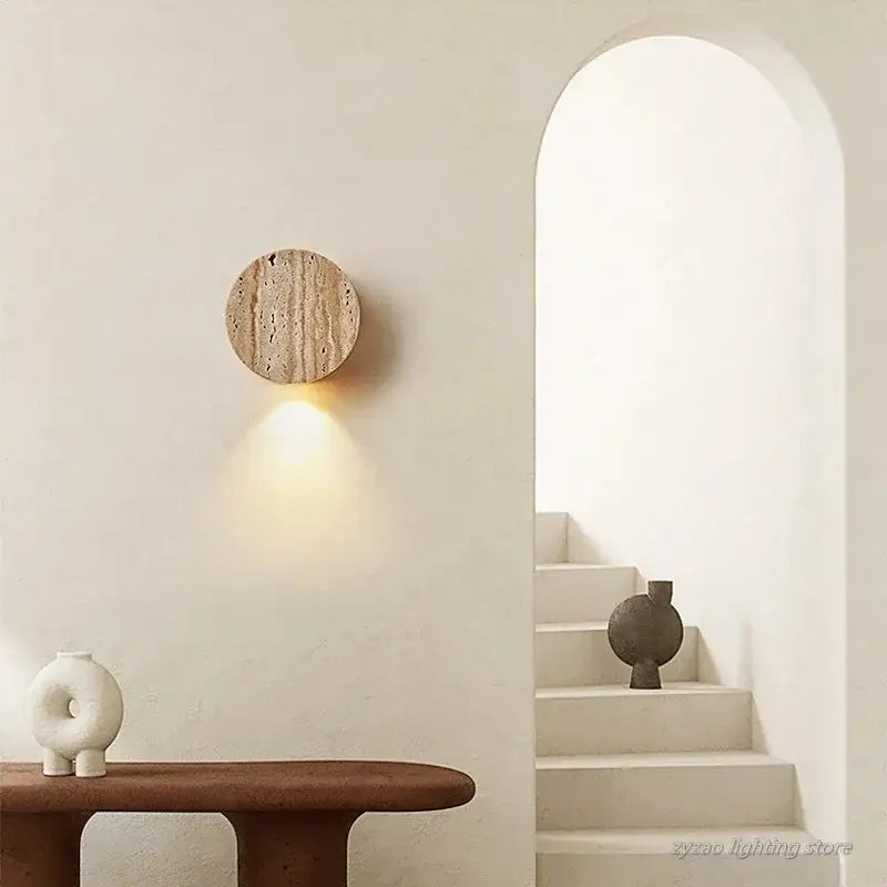 Applique murale ronde LED à l'effet pierre volcanique beige