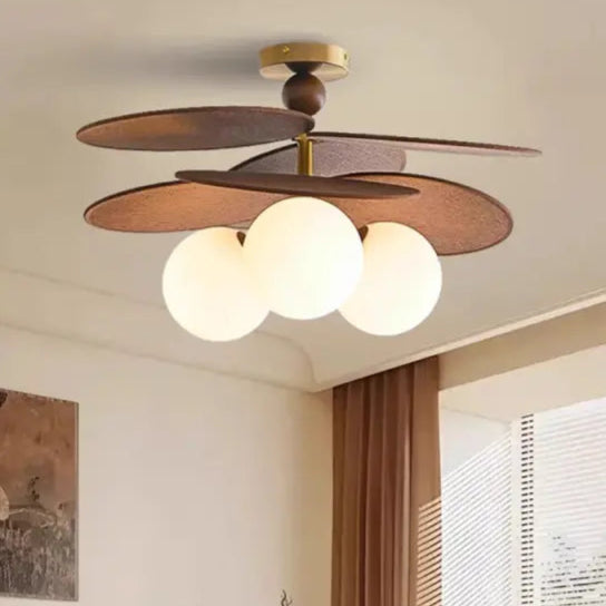 Plafonnier Bois Design Feuilles et Boules Verre Opale