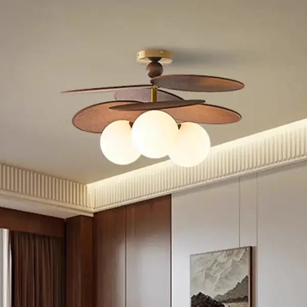 Plafonnier Bois Design Feuilles et Boules Verre Opale