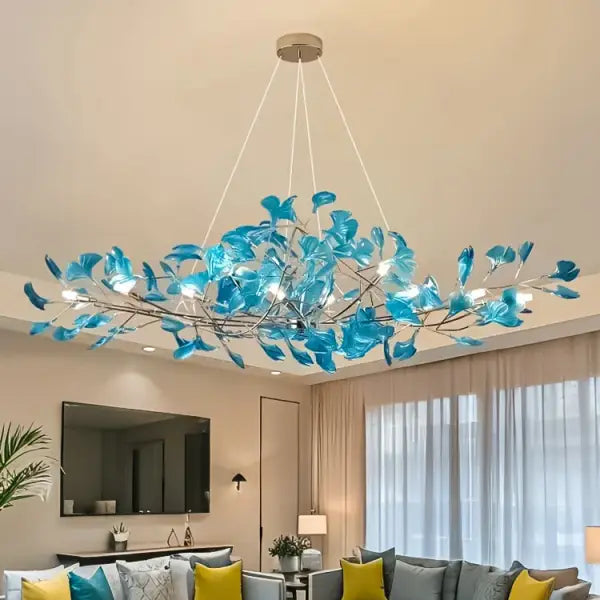 Suspension Branches Métal Feuilles Bleues Design Moderne