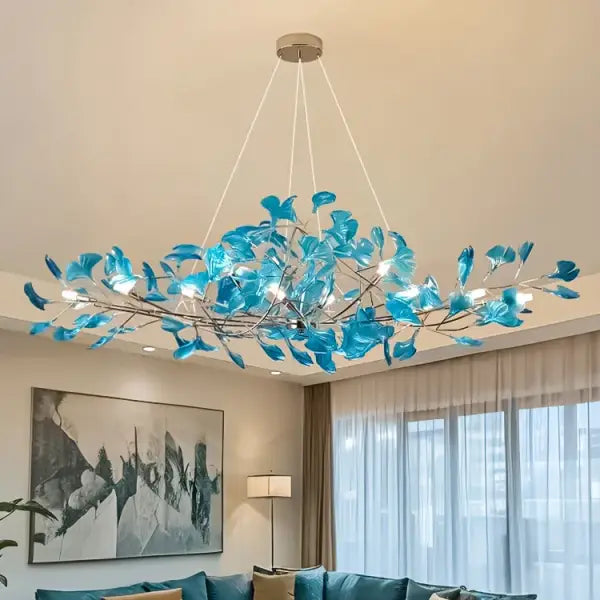 Suspension Branches Métal Feuilles Bleues Design Moderne