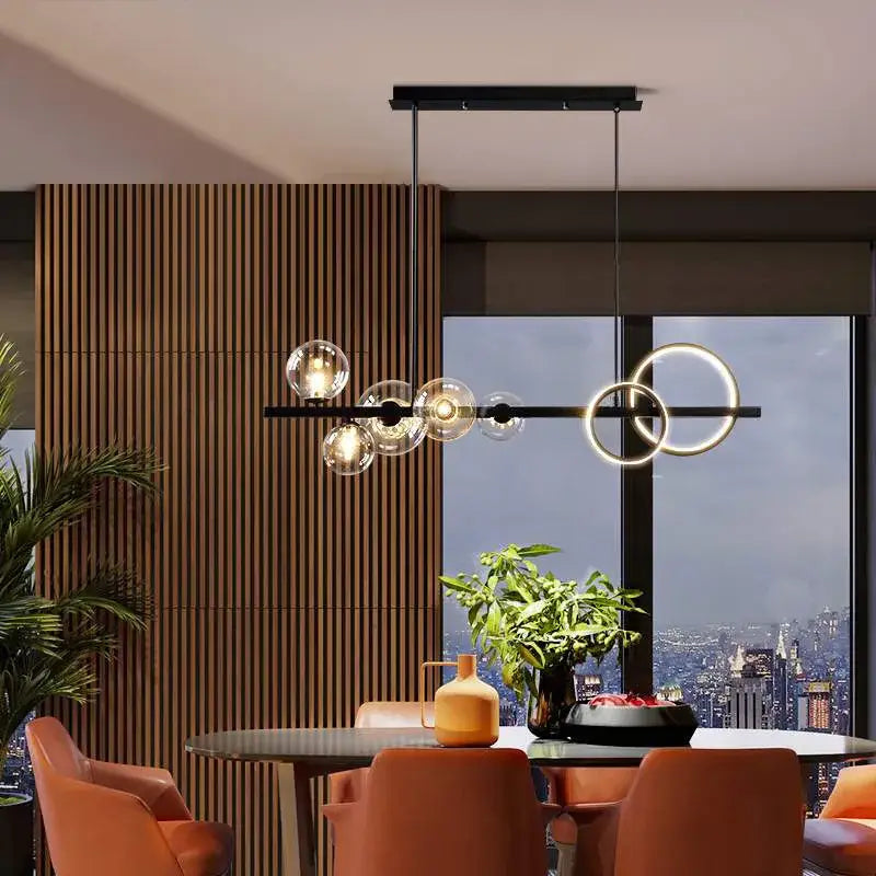 Suspension luminaire avec boules transparentes et 2 cercles en LED