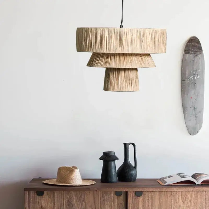Suspension luminaire en rotin japonais en 3 étages modernes