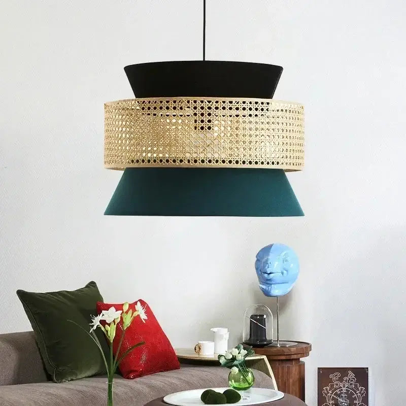 Suspension luminaire tricolore chic moderne en cannage