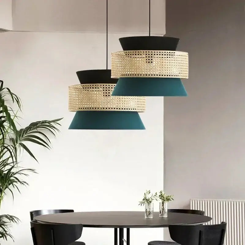 Suspension luminaire tricolore chic moderne en cannage