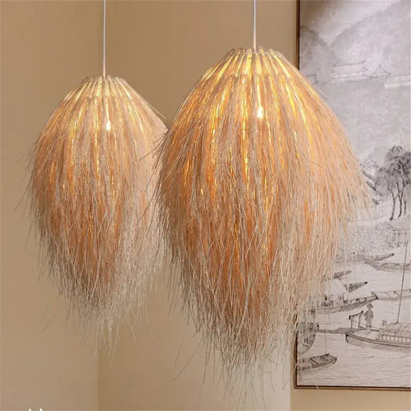 Suspension Naturelle Raphia Effet Plume Design Bohème Chic