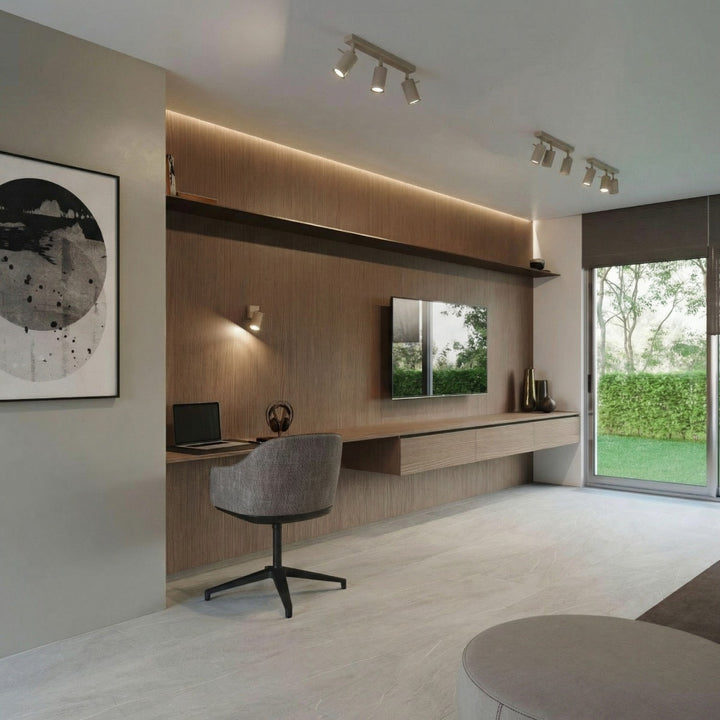 Luminaire Plafonnier taupe allumée, vue rapprochée