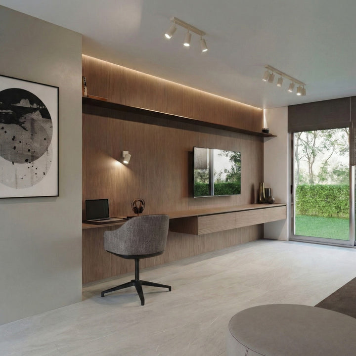 Luminaire Plafonnier taupe allumée, vue rapprochée