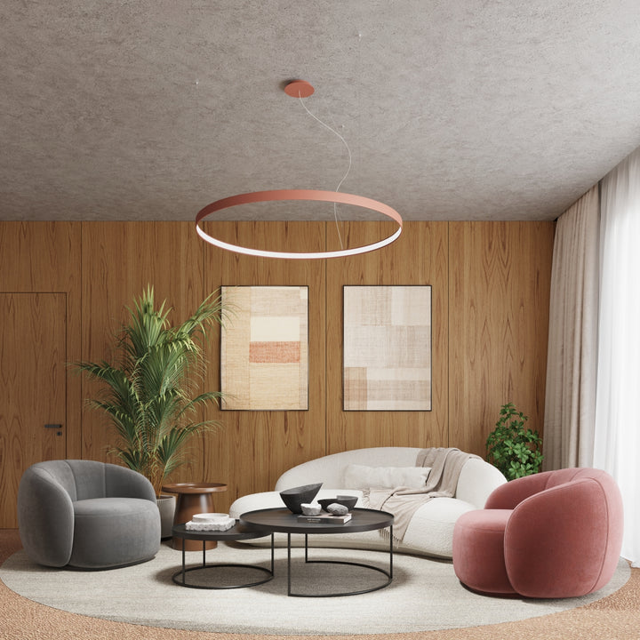 Lustre anneau RIO beige dans un salon