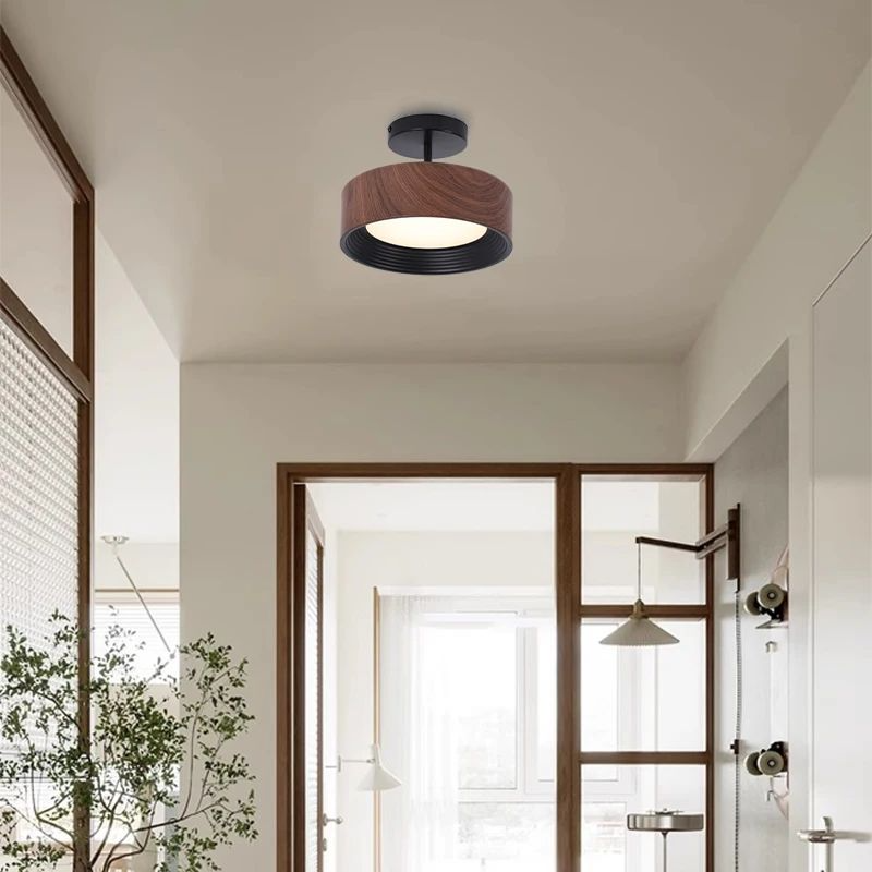 Lámpara de techo LED nórdica circular con veta de madera de nogal para pasillo, vestidor, pasillo, balcón, decoración de interiores.