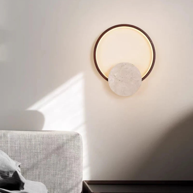 Lámpara de pared LED redonda de piedra natural, de madera oscura, regulable, para interiores, salones, dormitorios, escaleras, estilo moderno.