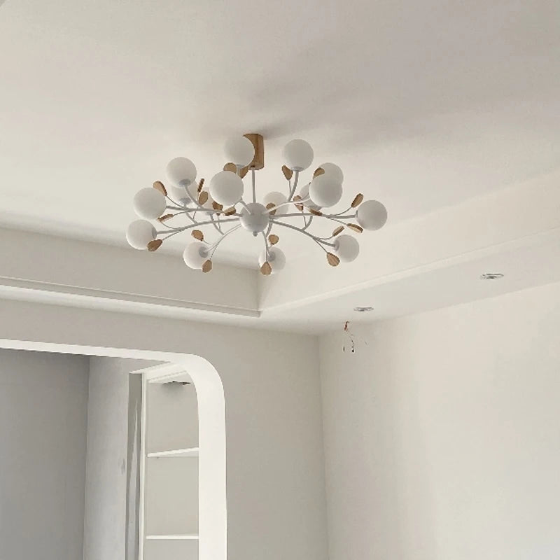 Lámpara de araña nórdica Magic Bean, colgante de madera con bola de cristal blanco lechoso, ideal para comedor, dormitorio, restaurante o loft.