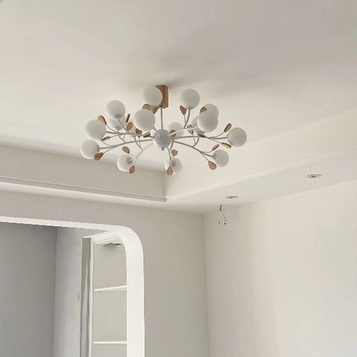 Lámpara de araña nórdica Magic Bean, colgante de madera con bola de cristal blanco lechoso, ideal para comedor, dormitorio, restaurante o loft.