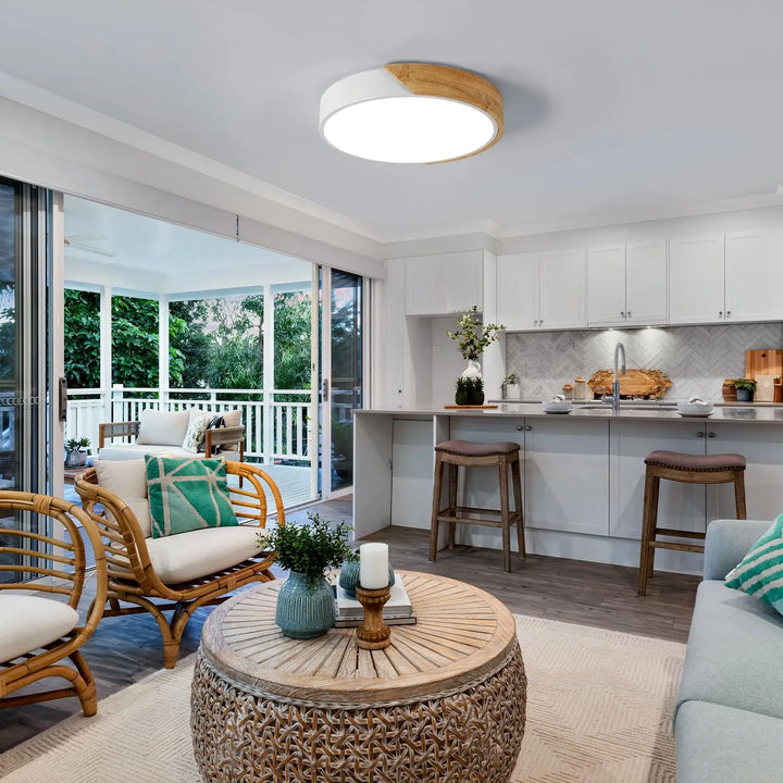 Lámpara de techo LED redonda de madera de 24 W, iluminación interior, 6000 K (blanco frío), moderna, Ø30 x 5 cm, para baño.