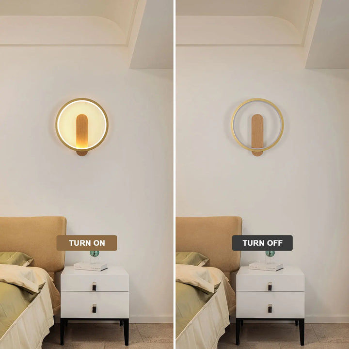 Lámpara de pared circular de 13 W, luz cálida de 3000 K, lámpara de pared de madera sencilla para sala de estar, dormitorio, pasillo y estudio.