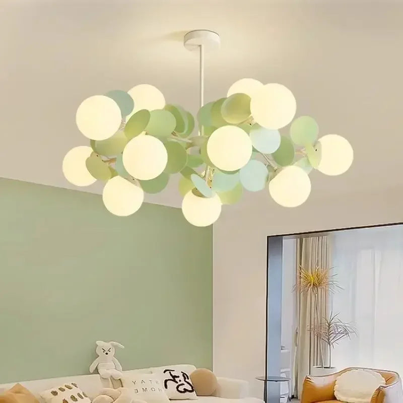 Lámpara de araña de estilo francés cálido con forma de molécula de frijol mágico verde, lámpara colgante LED para dormitorio, sala de estar, comedor, iluminación del hogar.