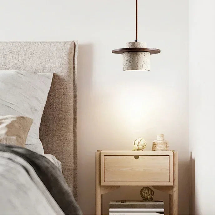 Lámpara colgante Luma estilo Wabi-Sabi de travertino amarillo con lámpara de noche redonda de madera, lámpara de araña para el hogar, bombilla E27, luces de piedra natural