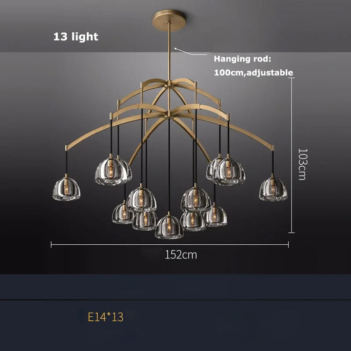 Lámpara de araña de cobre completa para salón de cristal americano, estilo retro americano, ideal para villas de lujo, hoteles y clubes.