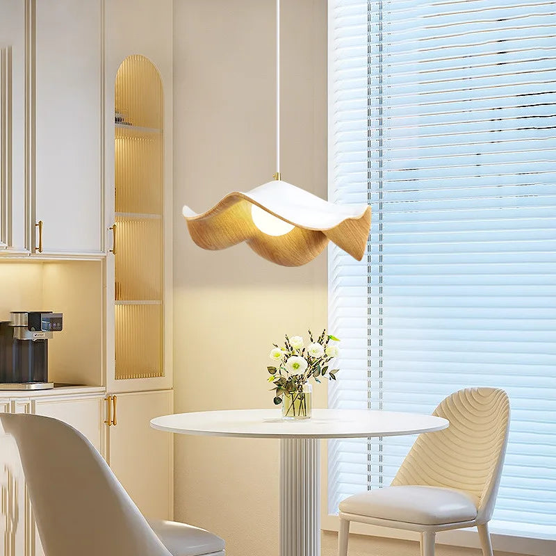 Lámpara colgante de hoja de loto con diseño de veta de madera original, lámpara de resina nórdica con flores para dormitorio, comedor, bar, iluminación LED