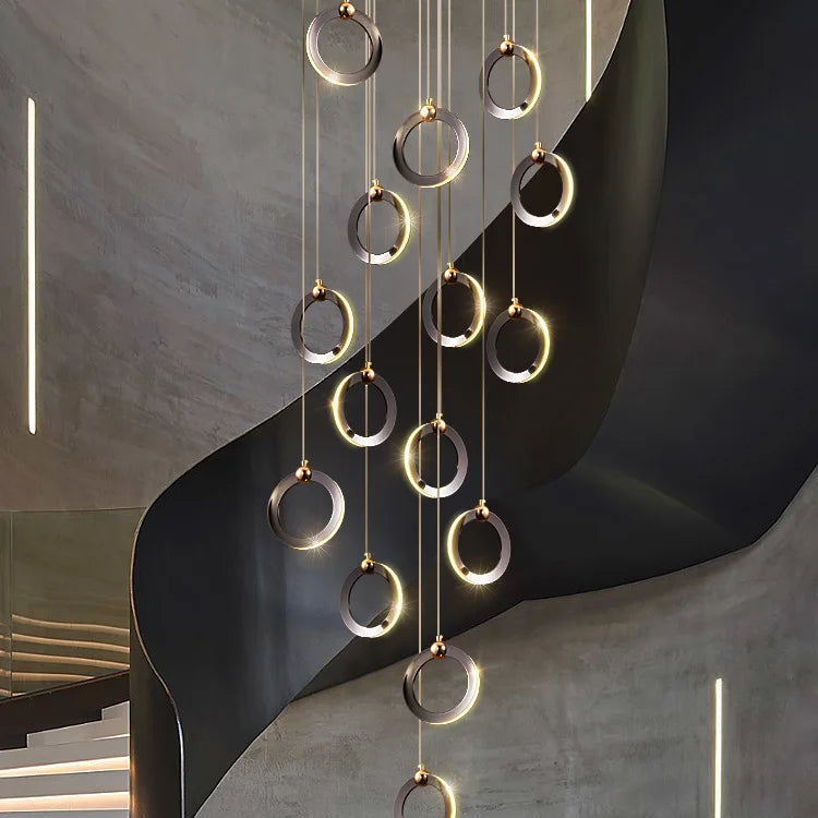 Lámpara de escalera dúplex larga, lámpara de araña negra y dorada, moderna, minimalista, iluminación creativa de lujo, villa, loft, sala de estar, Rng