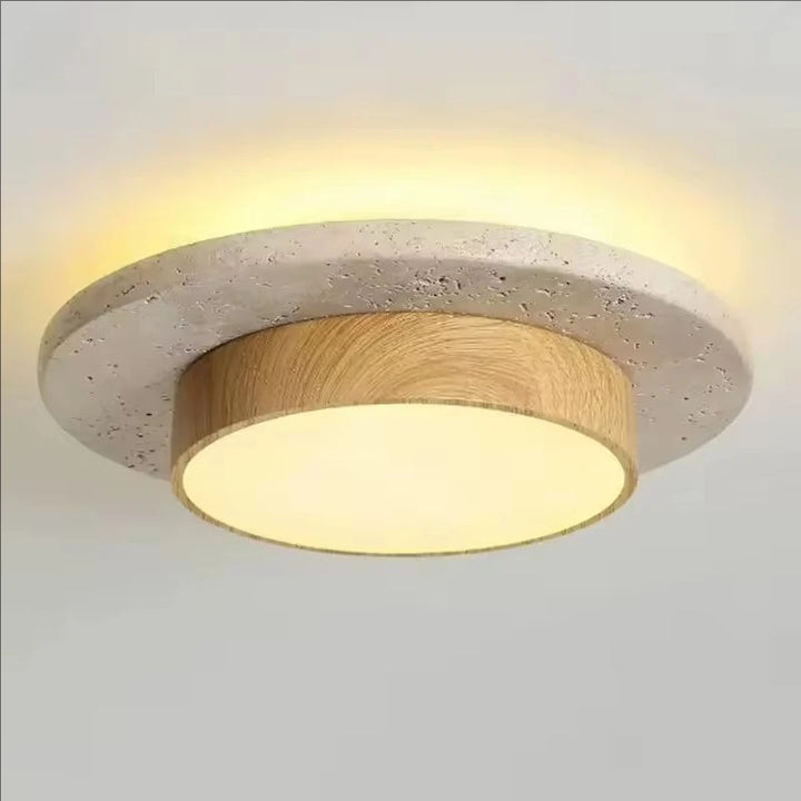 Lámpara de techo LED redonda de piedra Wabi Sabi retro en nogal/veta de madera para balcones, pasillos, salas de estar, restaurantes, iluminación interior.