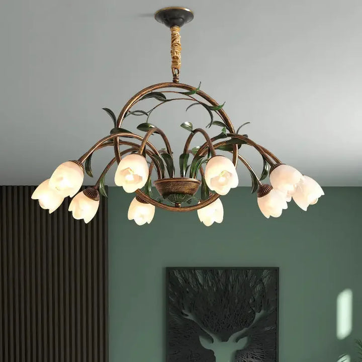 Lámpara colgante LED de cristal con diseño floral de hojas verdes y flores para decoración de habitaciones y apartamentos de estilo nórdico escandinavo.