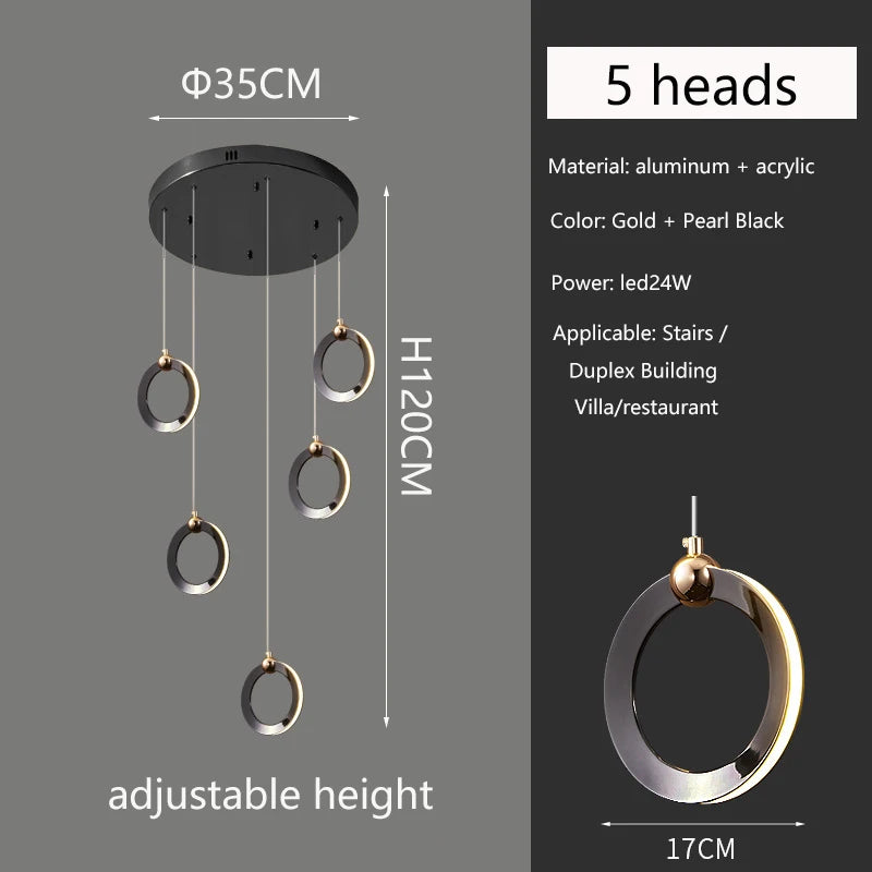 Lámpara de escalera dúplex larga, lámpara de araña negra y dorada, moderna, minimalista, iluminación creativa de lujo, villa, loft, sala de estar, Rng