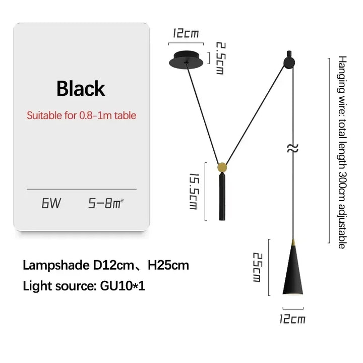 Lámpara colgante nórdica negra extraíble, lámpara de cono LED minimalista, lámpara de suspensión para restaurante, lámpara de comedor LED con personalidad para cocina