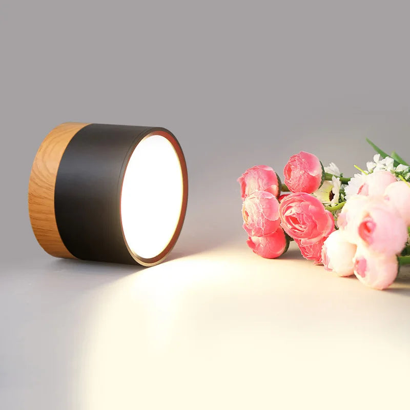 Lámpara de techo LED moderna de madera, foco de 3 colores regulable, minilámpara redonda negra para sala de estar, pasillo, decoración del hogar, 7 W