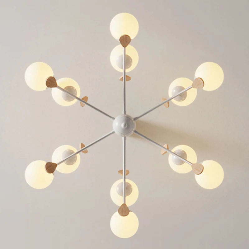 Lámpara de araña nórdica Magic Bean, colgante de madera con bola de cristal blanco lechoso, ideal para comedor, dormitorio, restaurante o loft.