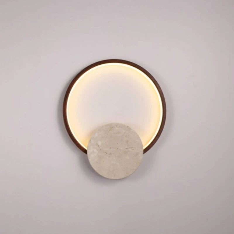 Lámpara de pared LED redonda de piedra natural, de madera oscura, regulable, para interiores, salones, dormitorios, escaleras, estilo moderno.