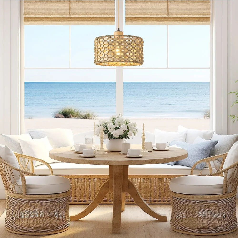 Lámpara colgante tejida a mano de ratán de madera maciza, lámpara colgante vintage ajustable para dormitorio, cafetería, restaurante, lámpara de araña sin bombilla