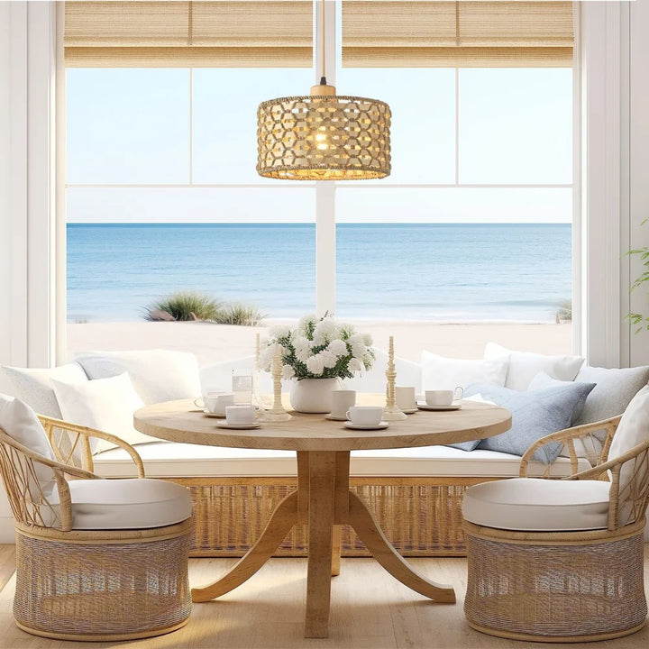 Lámpara colgante tejida a mano de ratán de madera maciza, lámpara colgante vintage ajustable para dormitorio, cafetería, restaurante, lámpara de araña sin bombilla