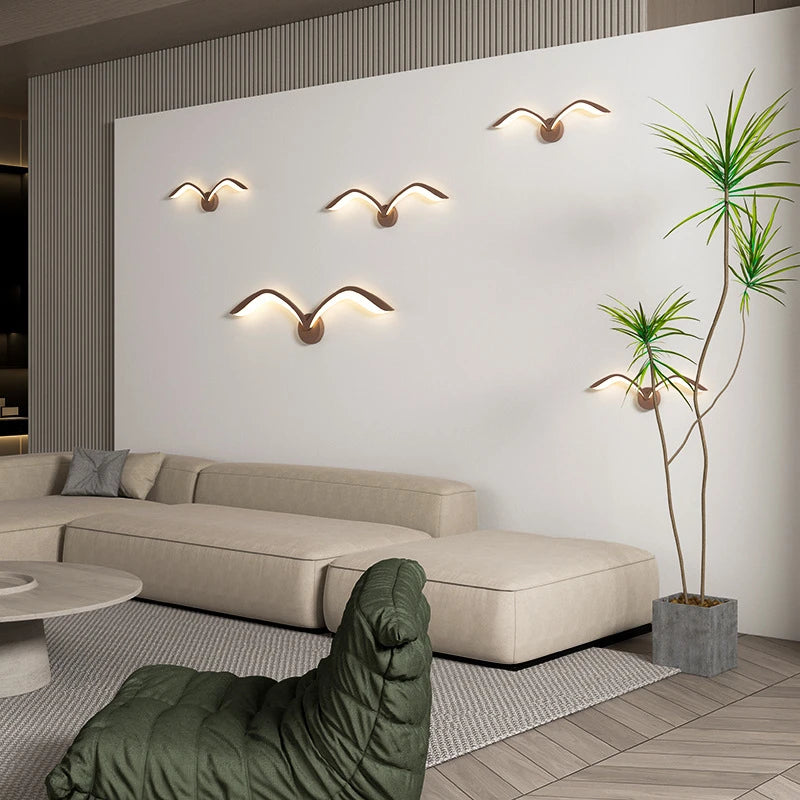 Lámparas de pared nórdicas modernas con diseño de gaviota, LED, blanco, marrón, hierro, acrílico, para sala de estar, TV interior, fondo de pared, iluminación de pared