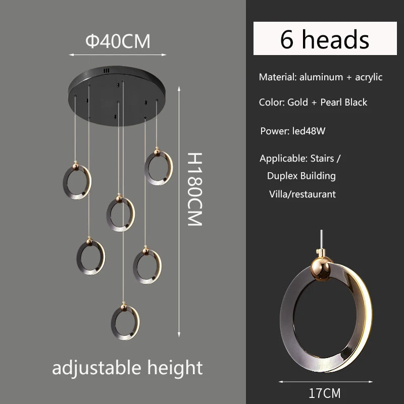 Lámpara de escalera dúplex larga, lámpara de araña negra y dorada, moderna, minimalista, iluminación creativa de lujo, villa, loft, sala de estar, Rng