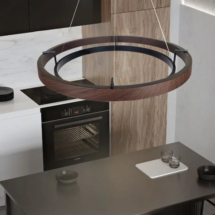 Lámpara de araña antigua nórdica con luz de anillo circular de color veta de madera para sala de estar y comedor