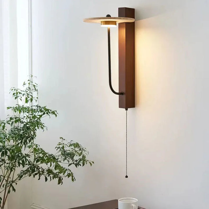 Lámpara de pared creativa redonda de piedra natural, madera oscura, 3000 K, para dormitorio de hotel, salón, aplique Art Déco