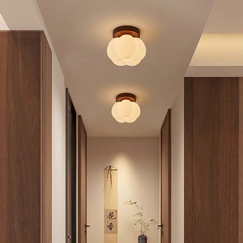 Lámpara de techo empotrada de madera de nogal con forma de calabaza, estilo Wabi Sabi moderno, para recibidor, pasillo, balcón y entrada.