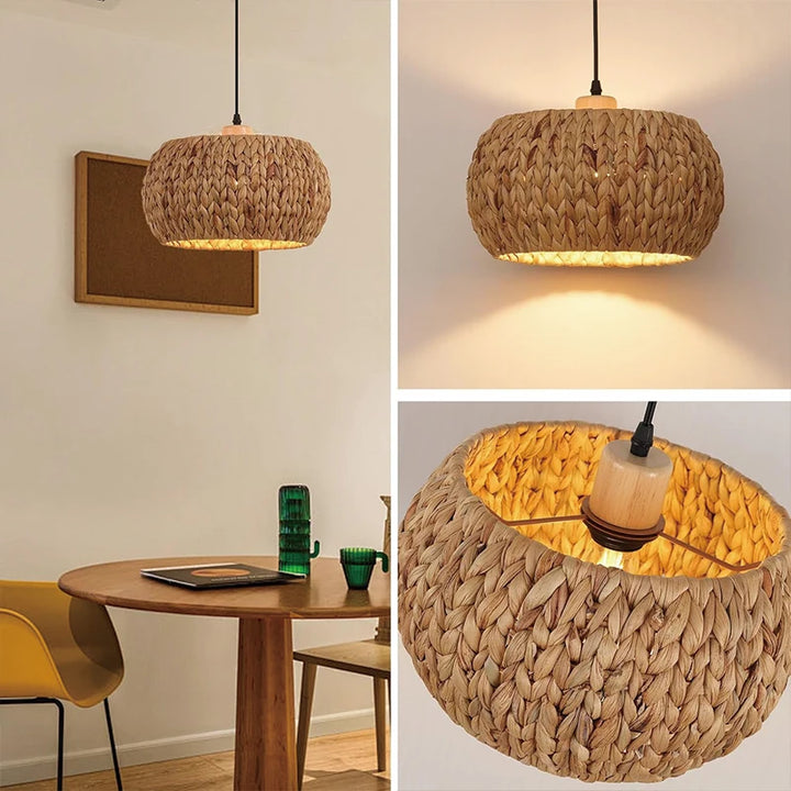 Lámpara colgante vintage de bambú y ratán con base E26 E27, ideal para dormitorio, hogar, decoración hecha a mano, pantalla para pasillo, cocina, isla.