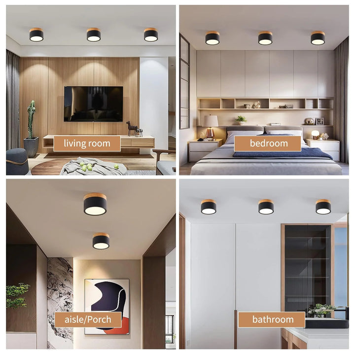 Lámpara de techo LED moderna de madera, foco de 3 colores regulable, minilámpara redonda negra para sala de estar, pasillo, decoración del hogar, 7 W