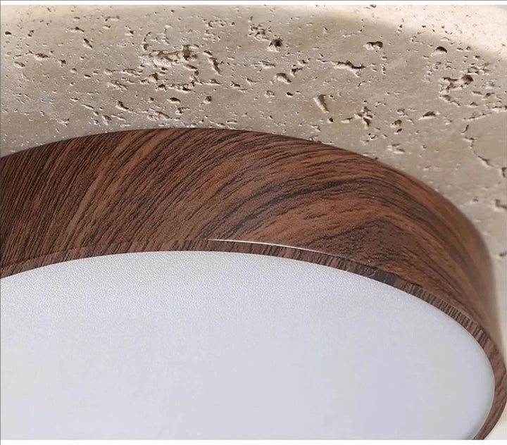 Lámpara de techo LED redonda de piedra Wabi Sabi retro en nogal/veta de madera para balcones, pasillos, salas de estar, restaurantes, iluminación interior.