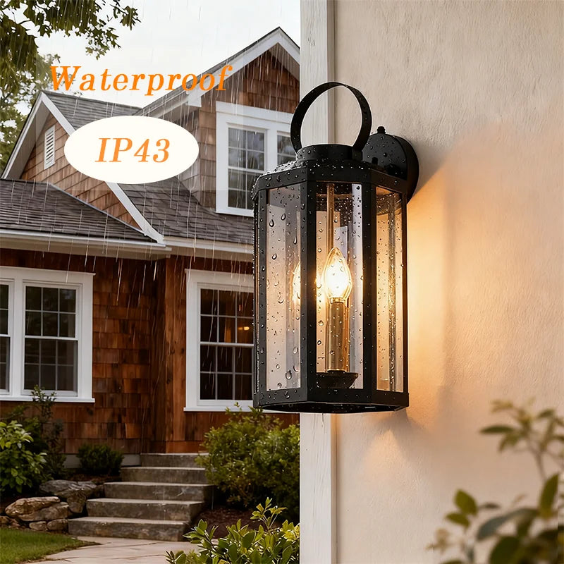 Lámpara de pared para exteriores, impermeable, base E12, pantalla de vidrio vintage, aluminio, para pasillo, patio, puerta, balcón, decoración.