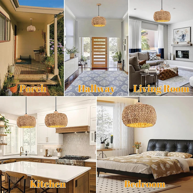 Lámpara colgante vintage de bambú y ratán con base E26 E27, ideal para dormitorio, hogar, decoración hecha a mano, pantalla para pasillo, cocina, isla.