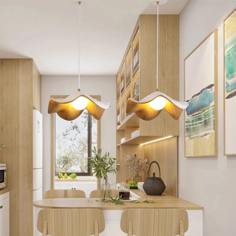 Lámpara colgante de hoja de loto con diseño de veta de madera original, lámpara de resina nórdica con flores para dormitorio, comedor, bar, iluminación LED