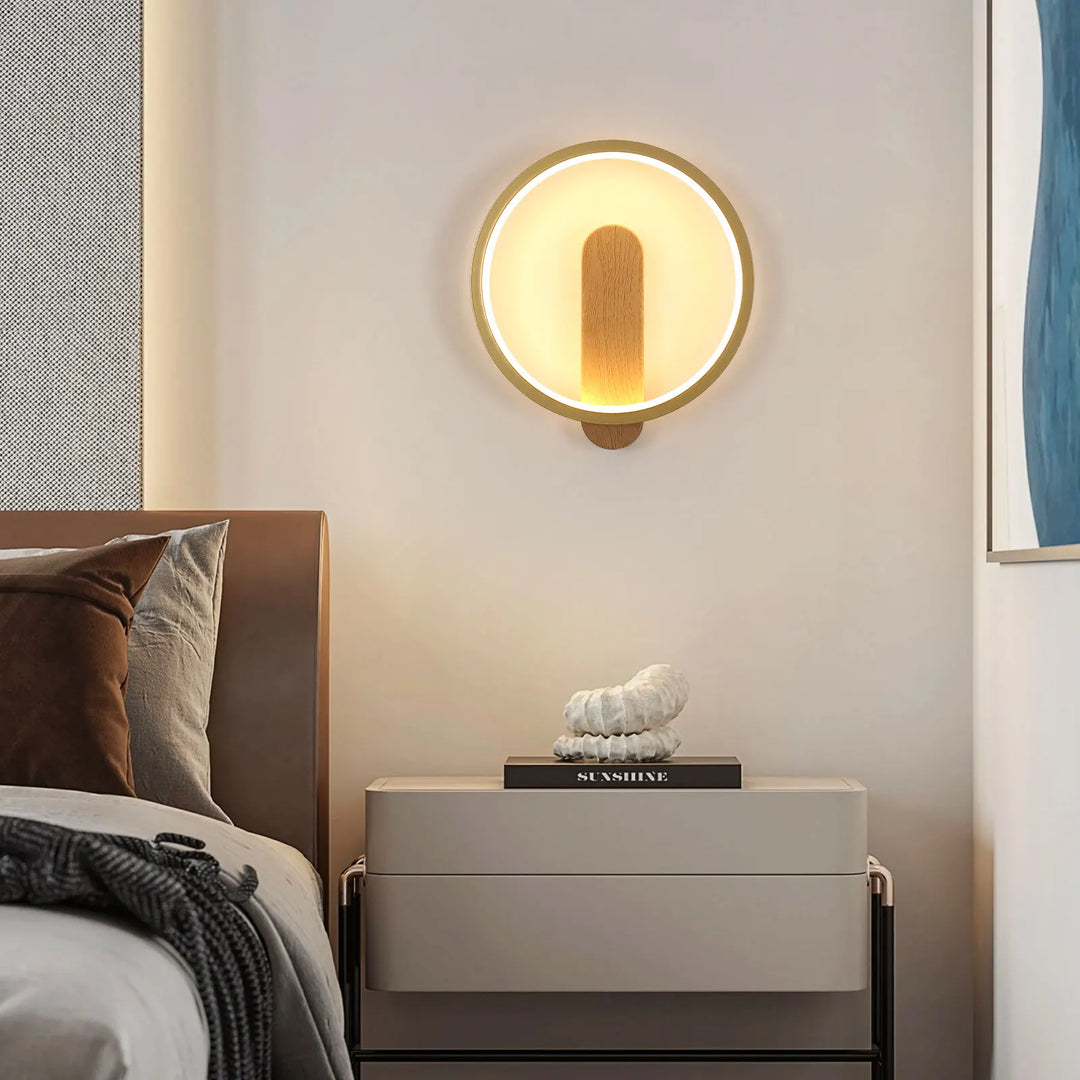 Lámpara de pared circular de 13 W, luz cálida de 3000 K, lámpara de pared de madera sencilla para sala de estar, dormitorio, pasillo y estudio.