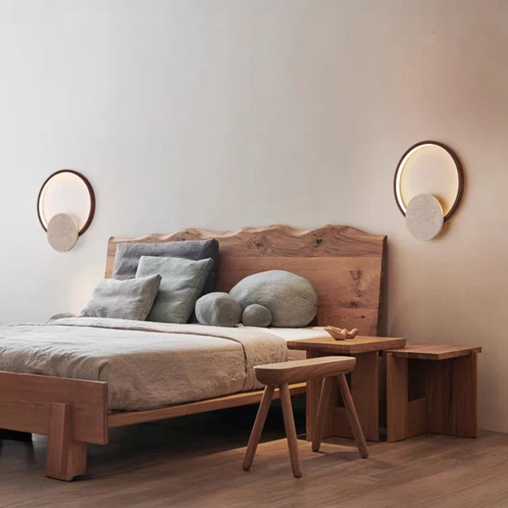 Lámpara de pared LED redonda de piedra natural, de madera oscura, regulable, para interiores, salones, dormitorios, escaleras, estilo moderno.