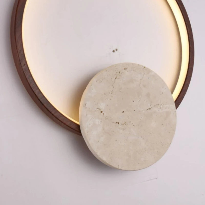 Lámpara de pared LED redonda de piedra natural, de madera oscura, regulable, para interiores, salones, dormitorios, escaleras, estilo moderno.