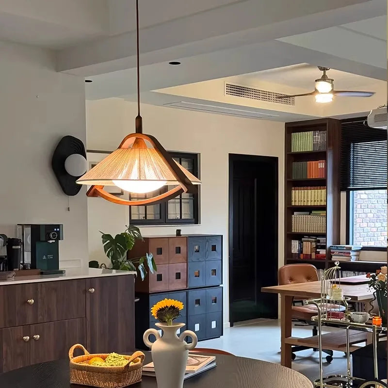 Lámpara colgante E27 de madera estilo retro japonés Wabi Sabi para sala de estar, dormitorio, restaurante, decoración del hogar, lámparas de araña hechas a mano.